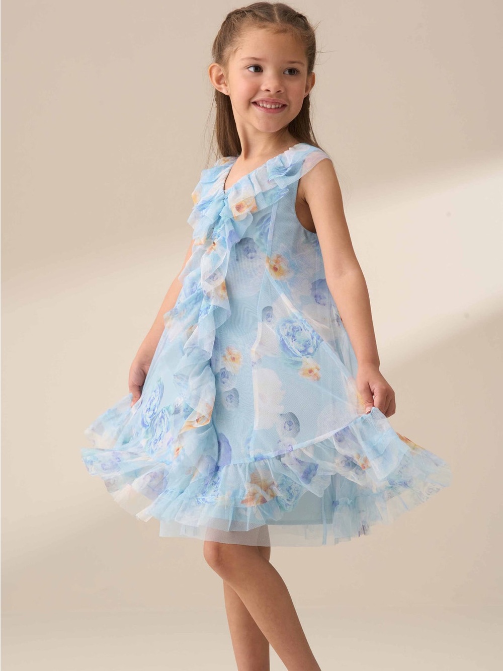 NWT Angel & Rocket Lia Blue Printed Frill Mesh Dress